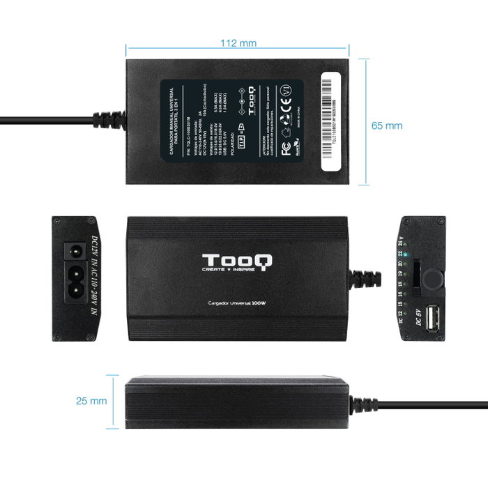 Tooq Cargador Universal para Portátil 100W con 12 Conectores y USB, Negro